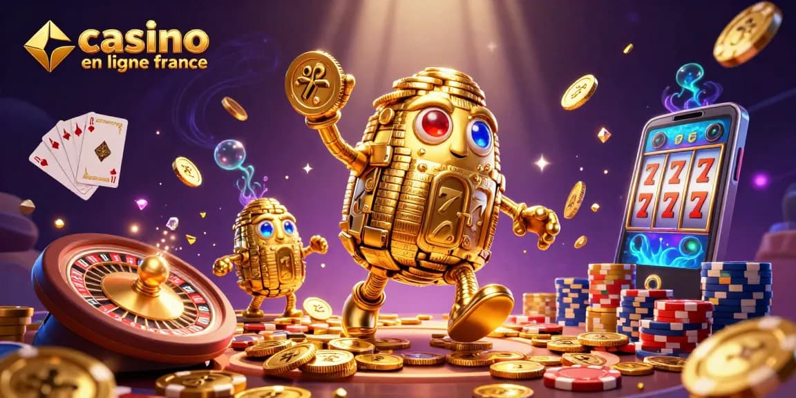 Gagnez à casino en ligne france avec un golem doré et des éléments de casino.