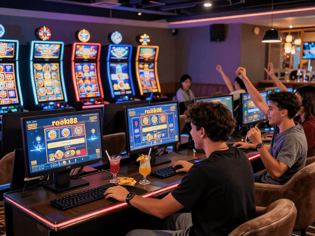 Friends enjoying the rokok88 slot login experience in a lively gaming lounge with colorful machines and snacks.