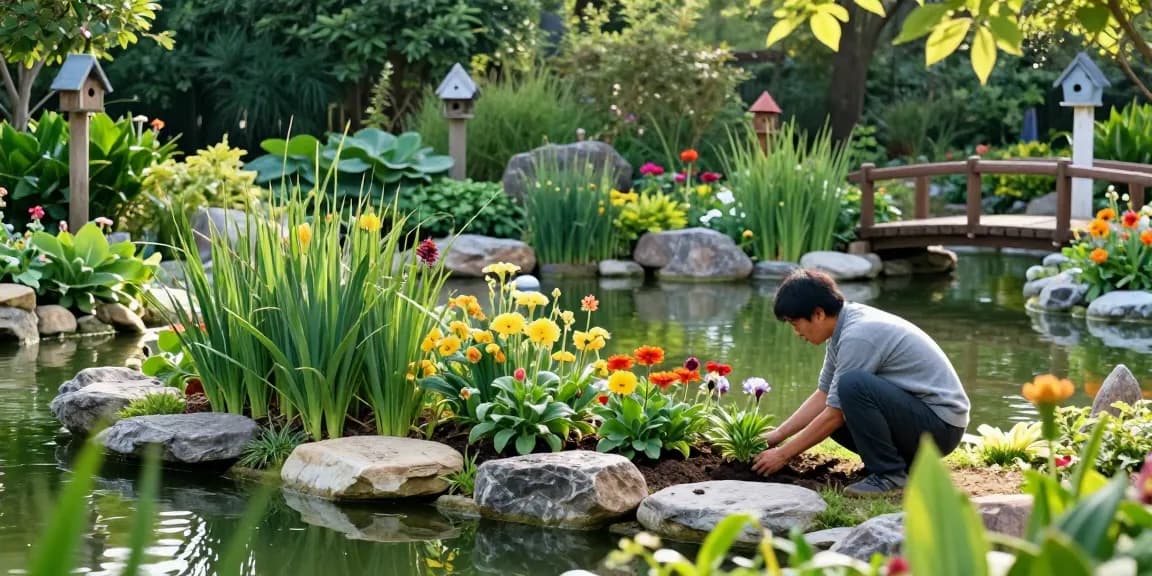 Beautiful arrangement of Marginal Pond Plants with a gardener planting by a serene pond.