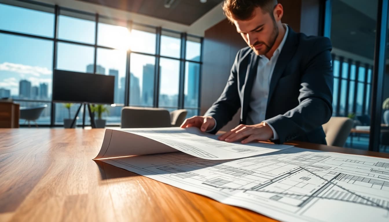 Building developer analyzing architectural plans in a modern office setting.