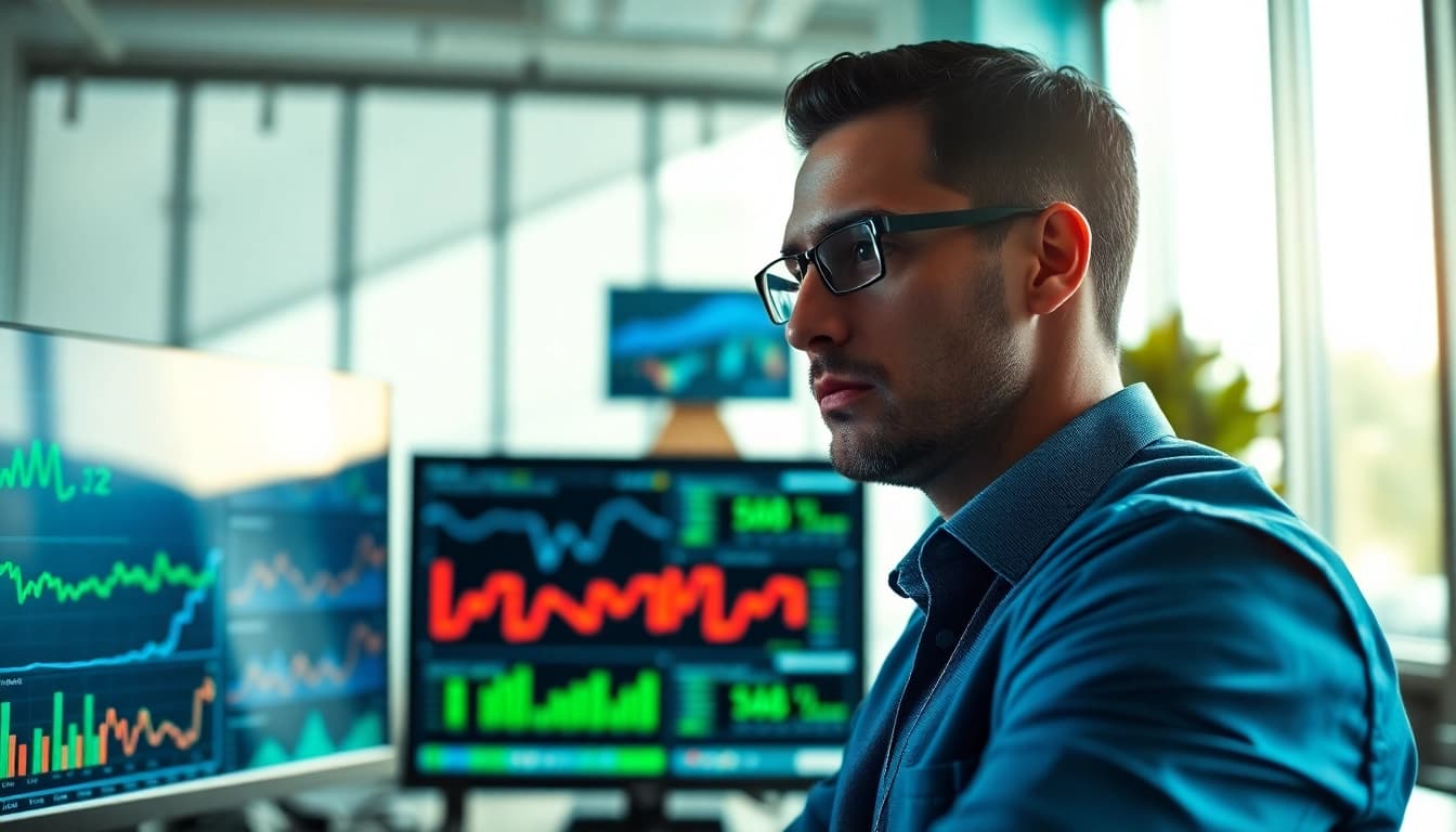 Analyze b2b competitive intelligence data with a professional data analyst in a modern office.