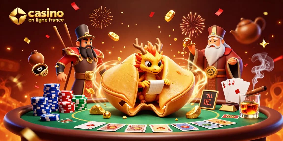 Annonce de casino en ligne France avec un dragon sage et des éléments de poker dans une illustration colorée