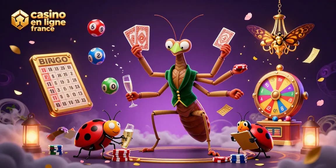 Illustration festive de casino en ligne France avec des personnages ludiques et des éléments de jeu captivants.