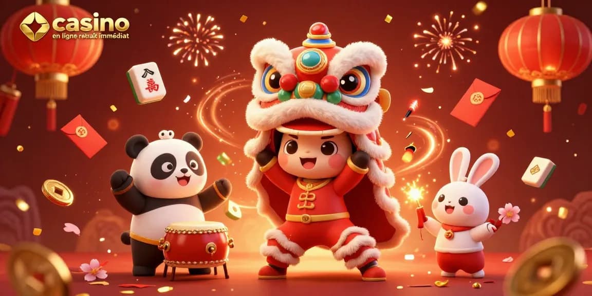 Illustration d'un lion dansant, panda et lapin éclairant des feux d'artifice pour un casino en ligne retrait immédiat