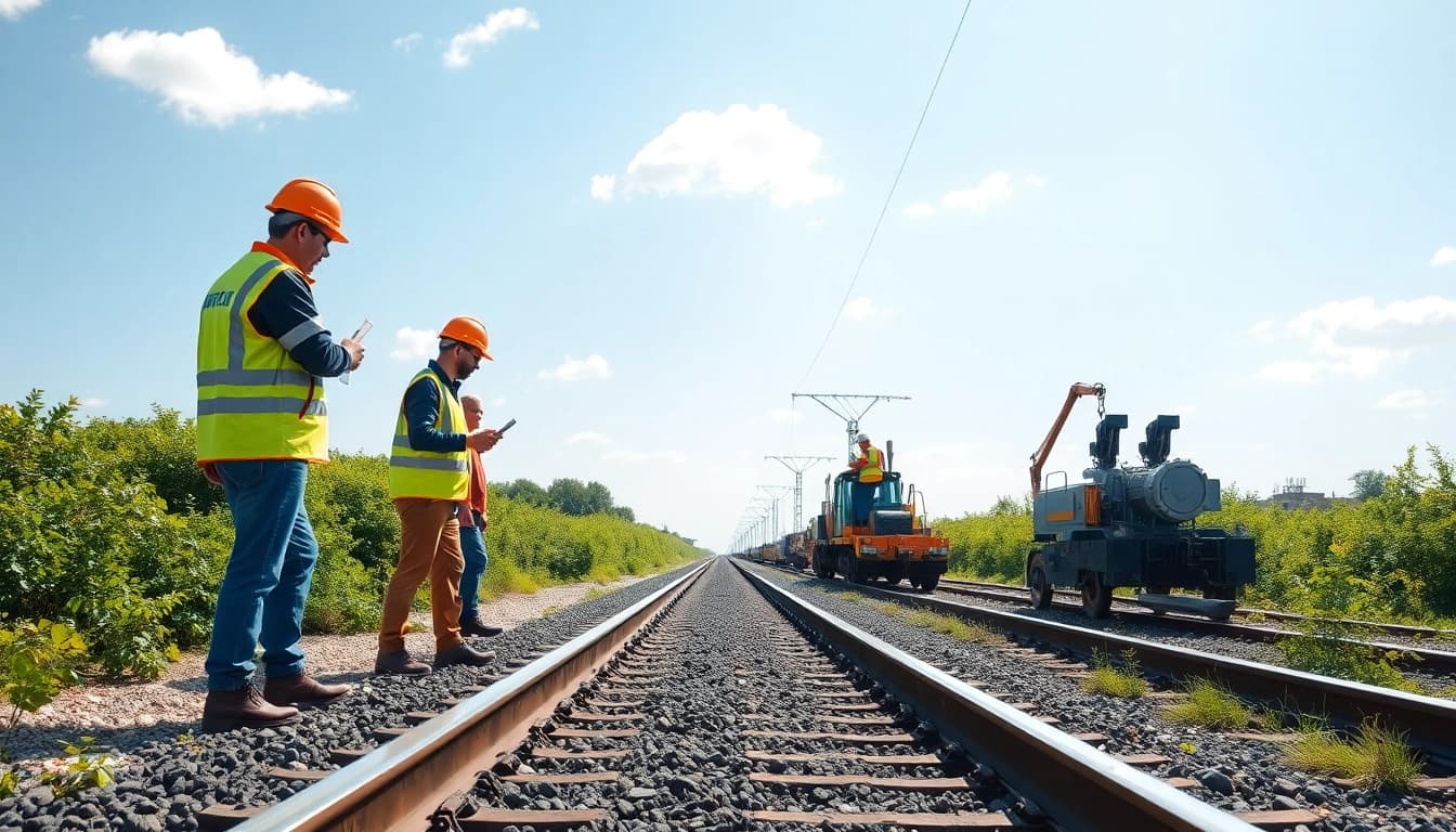 Railroad Contractors Near Me inspecting newly laid tracks in a vibrant construction scene.