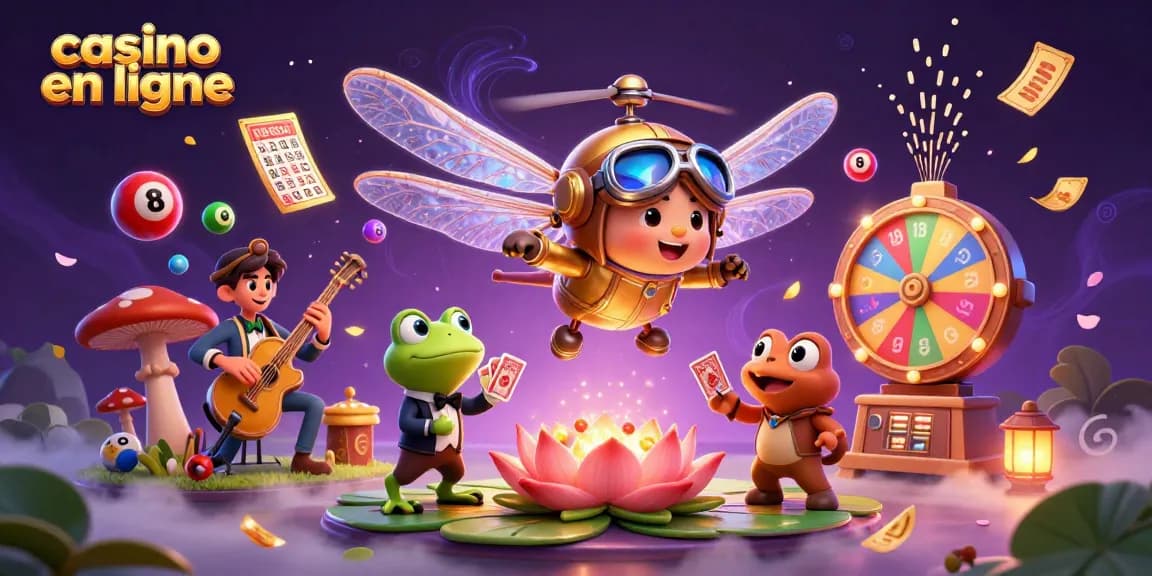 Casino en ligne avec un croupier grenouille et un pilote hélicoptère en scène colorée.