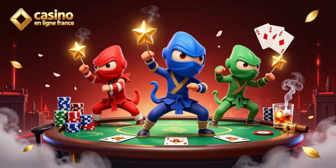 Illustration dynamique représentant le casino en ligne France avec ninjas caméléons et éléments de poker.