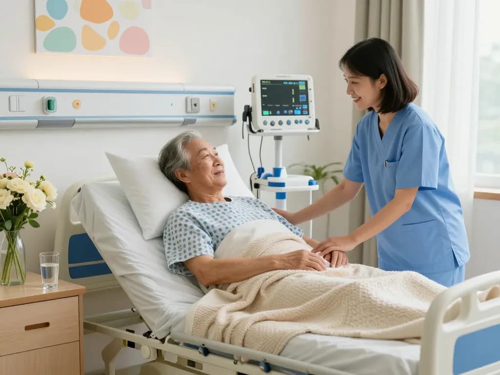 Adjustable giường bệnh nhân providing comfort for elderly patients in a caring hospital setting.