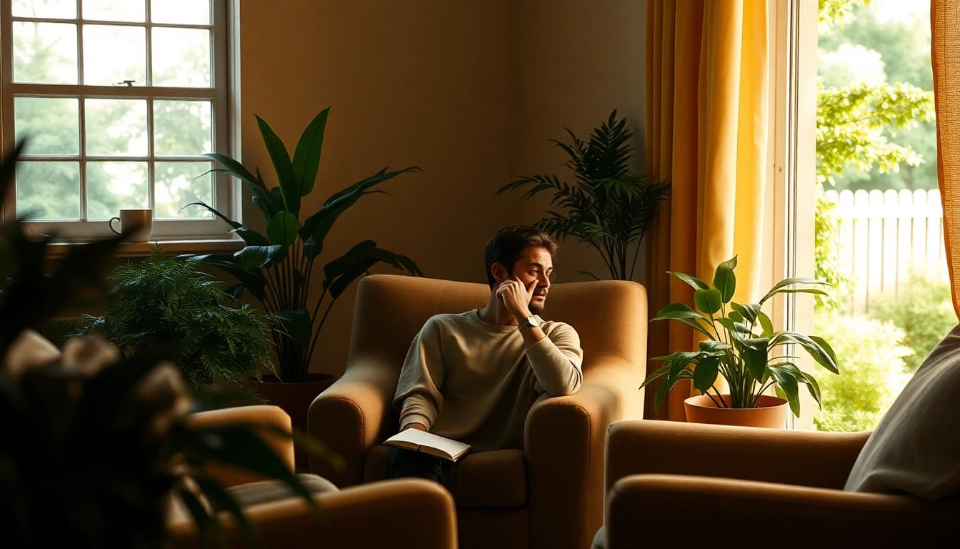Person reflecting on depression symptoms in a cozy, warm-lit room filled with plants.