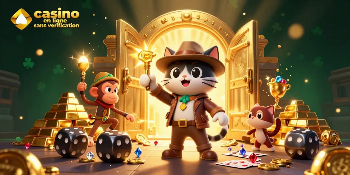 Jouer au casino en ligne sans vérification, avec un chat explorateur découvrant des trésors dans un temple.