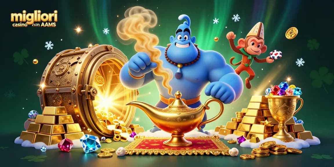 Immagine di un'affascinante illustrazione 3D dei migliori casino non AAMS con un genio blu e tesori oro e gemme.