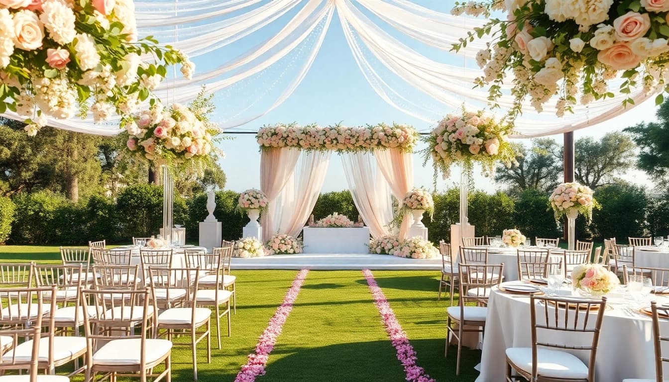 Breathtaking setup of Wedding & Event Rentals showcasing a romantic outdoor altar decorated with flowers.