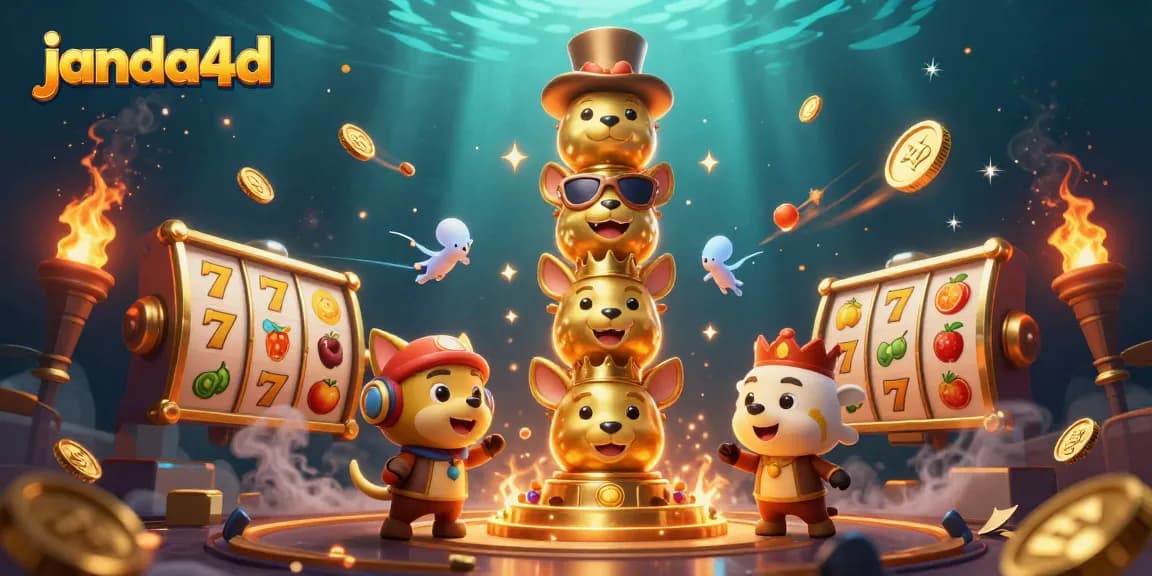 Gambar ilustrasi 3D janda4d dengan totem emas, jackpot, dan simbol buah yang dinamis.