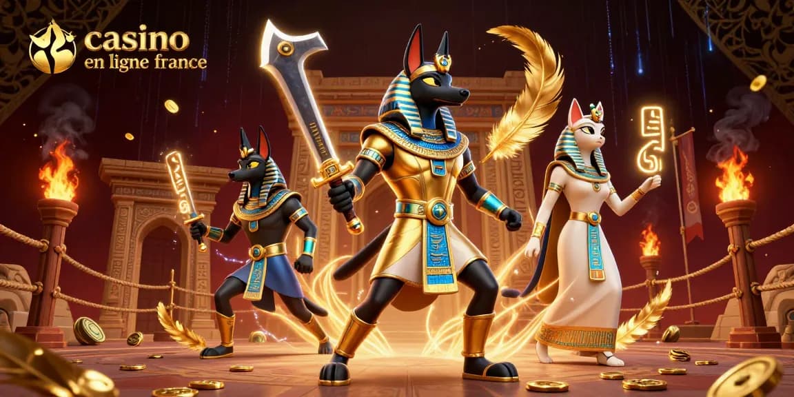 Plongez dans le monde du casino en ligne France avec Anubis et Bastet, entourés de pièces d'or et d'éléments mystérieux.