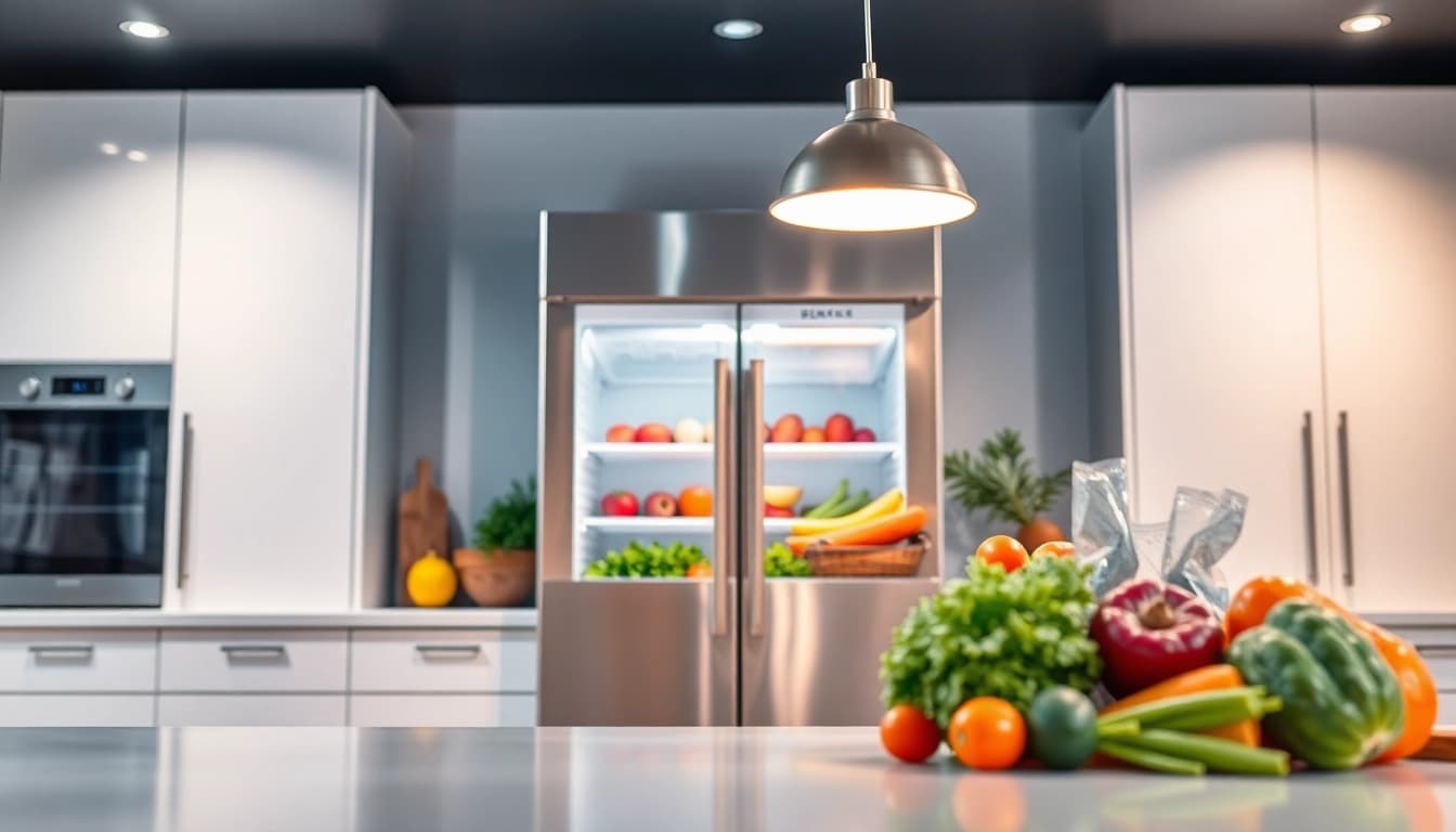 Showcasing a modern freezer in a professional kitchen, emphasizing its sleek design and food organization.