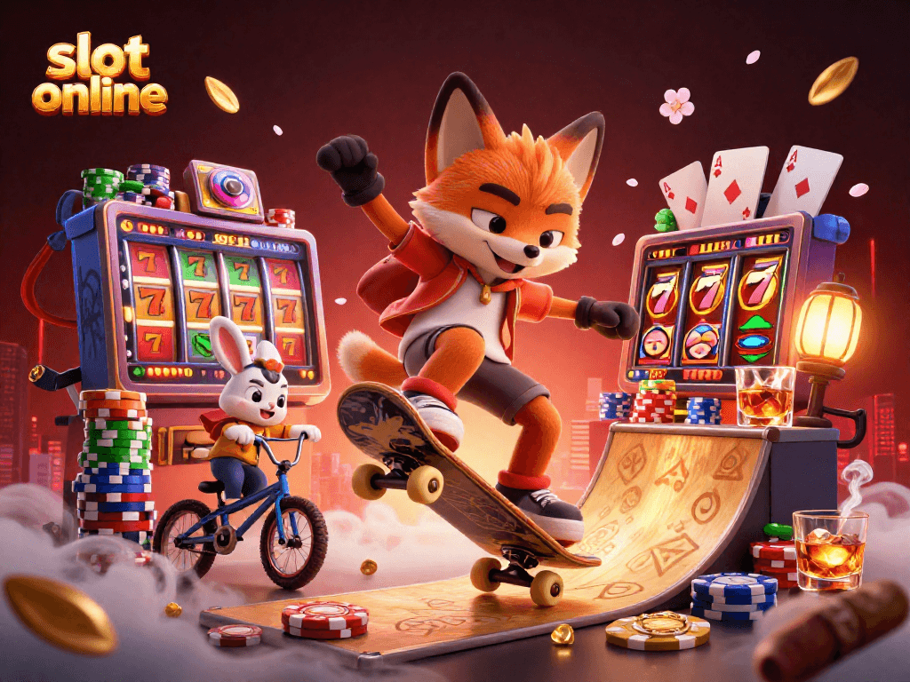 Experience thrilling action in slot online games with a skateboarder fox and BMX-riding rabbit.