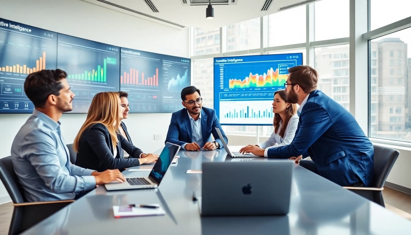 Engaged team analyzing competitive intelligence for sales in a modern office.