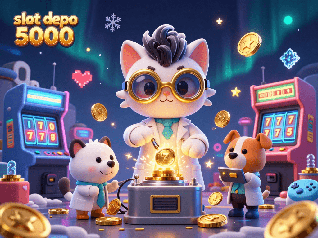 Experience the excitement at slot depo 5000 with vibrant casino elements featuring a mad scientist cat.