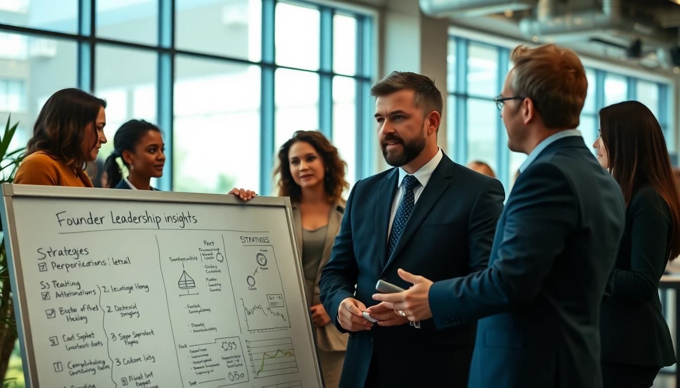 Showcasing founder leadership insights through dynamic team collaboration in a modern office