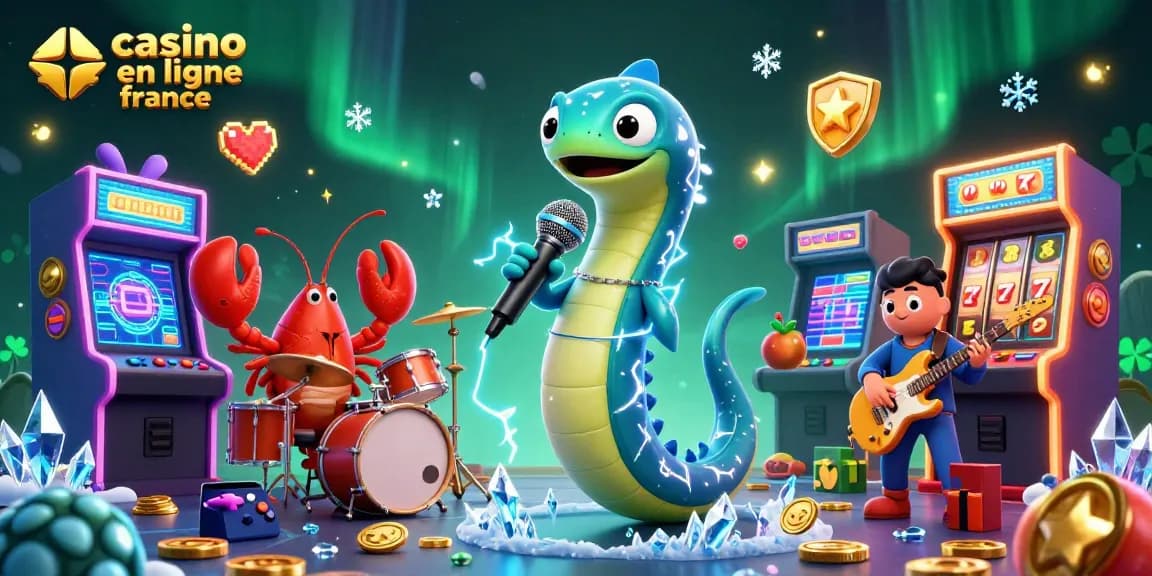 Illustration colorée de casino en ligne en France avec une anguille musicienne entourée d'artistes sous-marins.