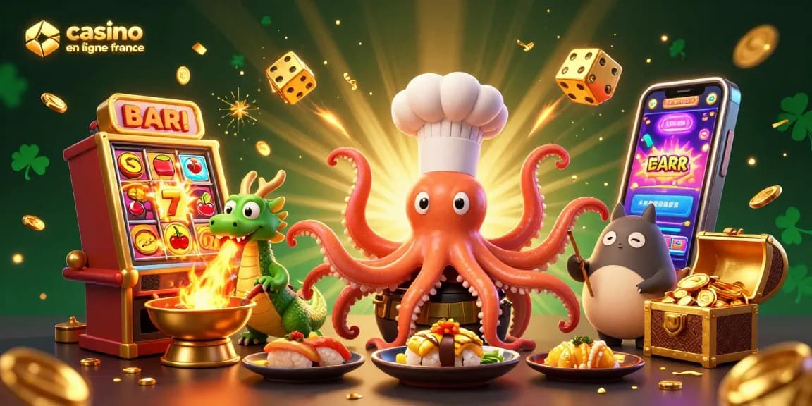 Illustration vibrante d'un chef sushi pieuvre préparant des plats d'or dans un casino en ligne France animé.
