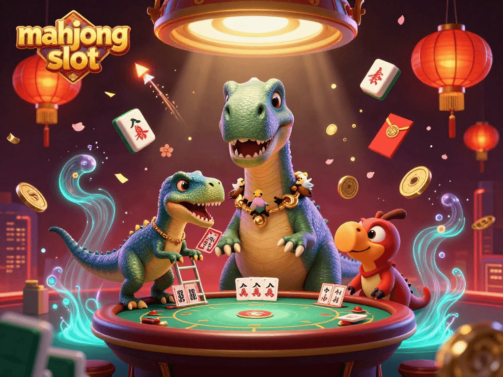 Engage with the exciting mahjong slot atmosphere, featuring thematic characters amidst vibrant casino symbols.