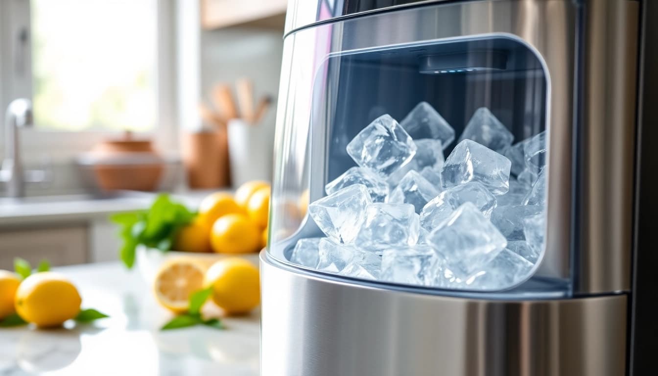 Efficient ice maker machine producing clear, fresh ice cubes in sunny kitchen setting.
