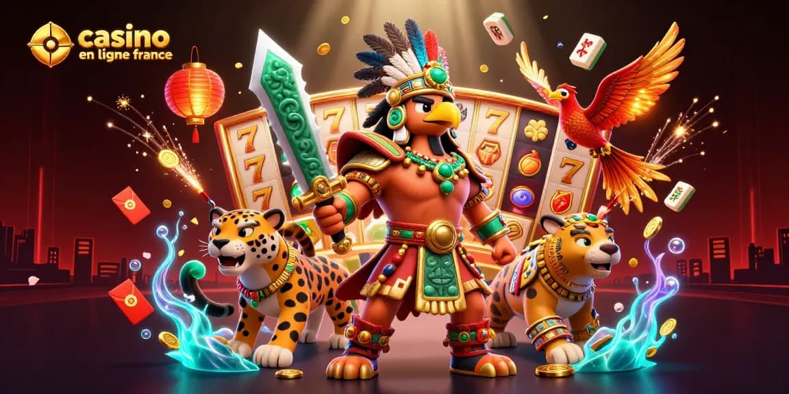 Plongez dans l'univers de casino en ligne france avec un guerrier aztèque au centre d'une scène dynamique, entouré de jeux de hasard.