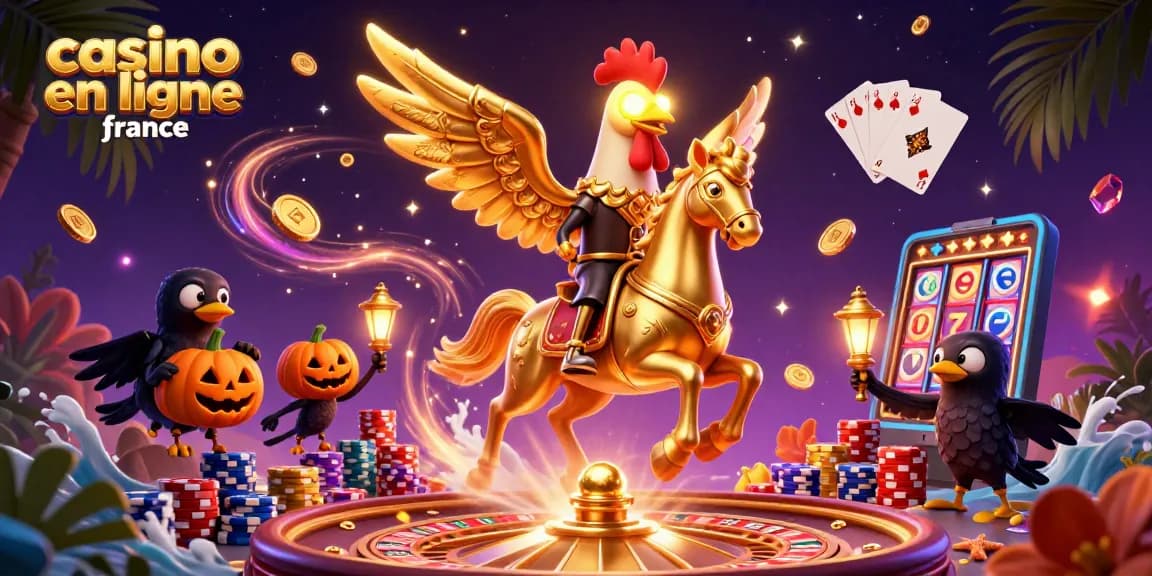 Jouez au casino en ligne France avec un coq doré et des éléments de jeu riches dans une scène magique.