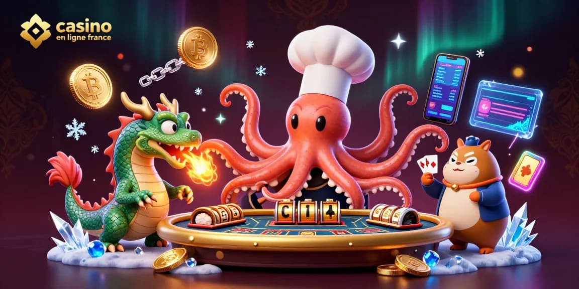 Illustration dynamique de casino en ligne France avec un octopus chef cuisinier, un dragon vert et un client tanuki.