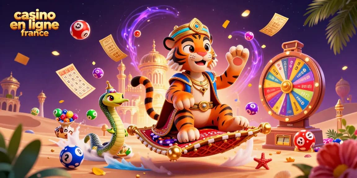 Casino en ligne France : un tigre sultan sur un tapis de jetons entouré de jeux de loterie.