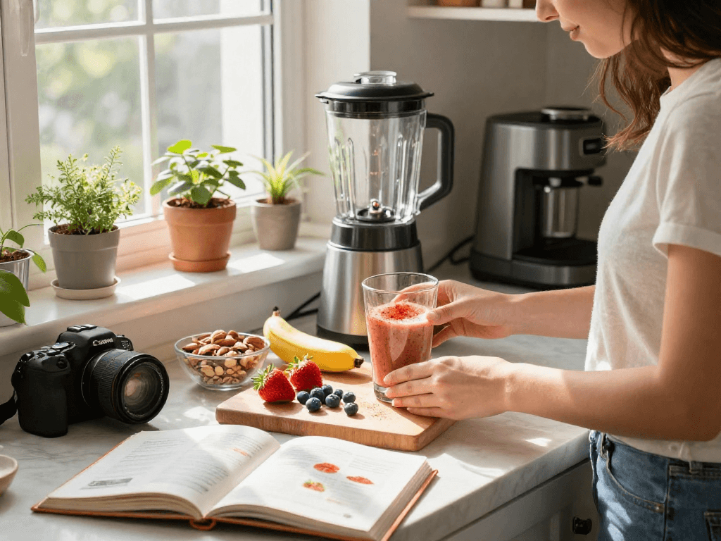 Preparing a smoothie with natural astaxanthin and fresh fruits in a bright kitchen.