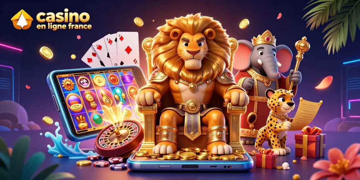 Jouez dans un casino en ligne France avec une illustration captivante mettant en scène des personnages dynamiques.