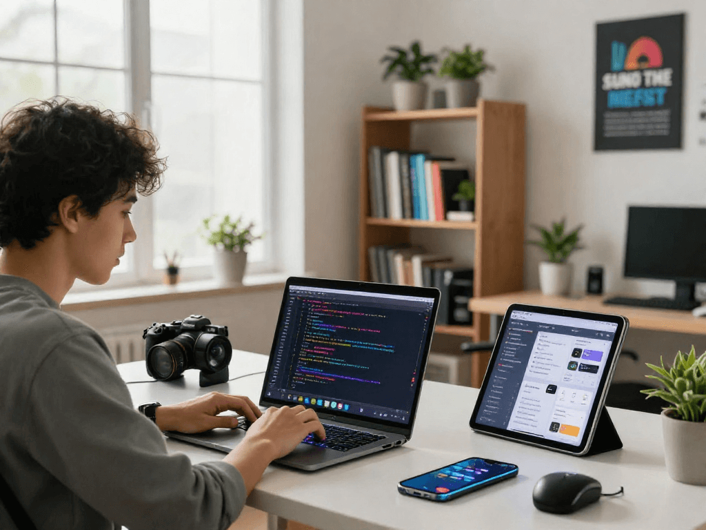 Young tech enthusiast crush on innovative coding in a modern workspace, surrounded by gadgets and bright natural light.