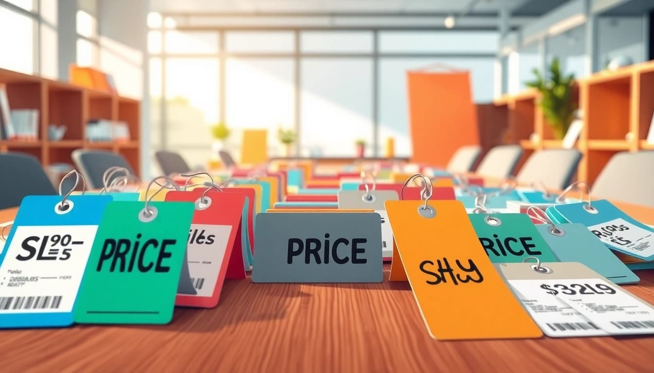 Visualize competitor pricing strategies through price tags on a table in a professional setting.