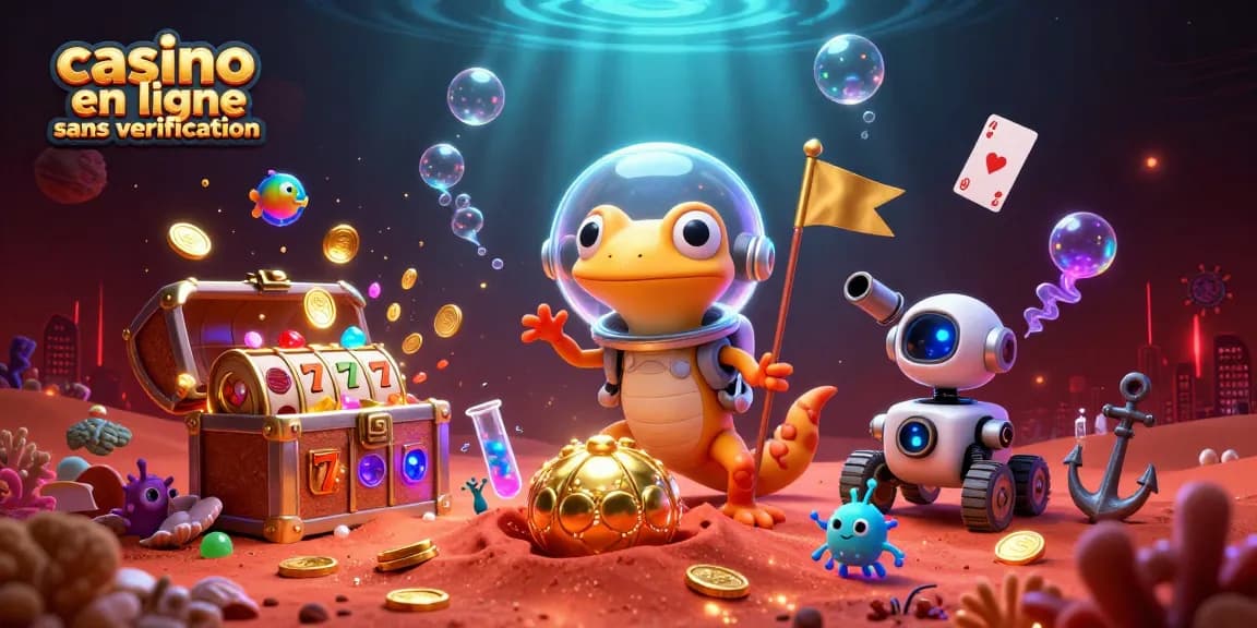 Gagnez au casino en ligne sans vérification avec l'illustration dynamique de notre gécko martien explorant.