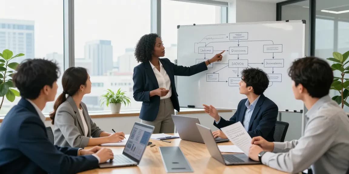 Team collaborating at an office meeting with strategy visuals on display, showcasing https://factors.org.uk in a business environment.