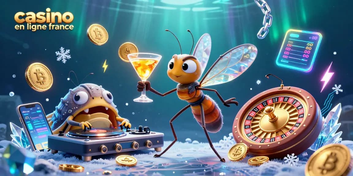 Casino en ligne France : Illustration captivante d'un personnage mascotte et de jeux de casino.