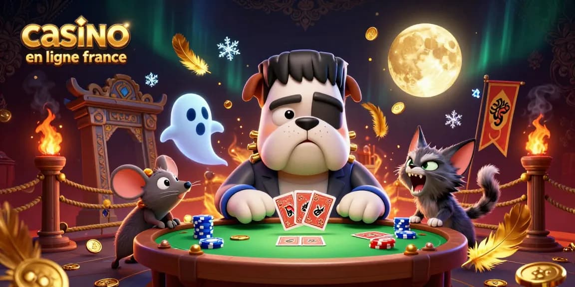 Casino en ligne France : un bulldog Frankenstein distribuant des cartes à une table hantée