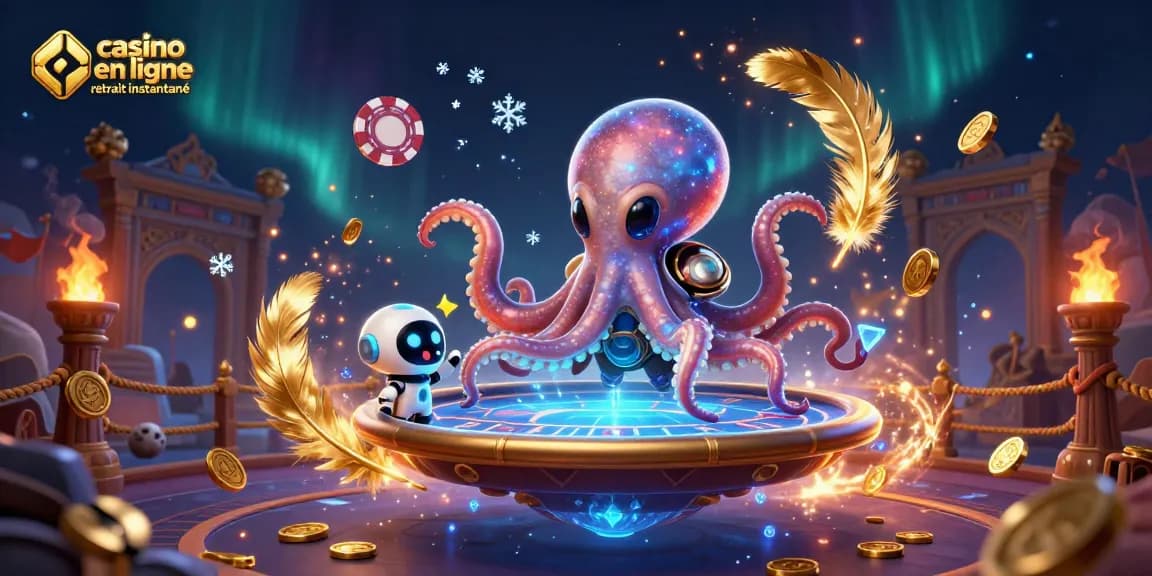Les gains rapides au casino en ligne retrait instantané illustrés par une scène dynamique avec un octopus extraterrestre.