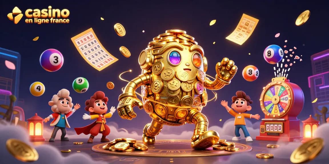 Jouer au casino en ligne France avec un golem étonnant en pièces d'or et des boules de loterie colorées.
