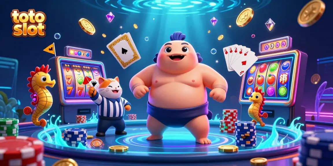 Spin the winning reels of toto slot with a dynamic underwater scene featuring a fugu, catfish referee, and seahorse fans.