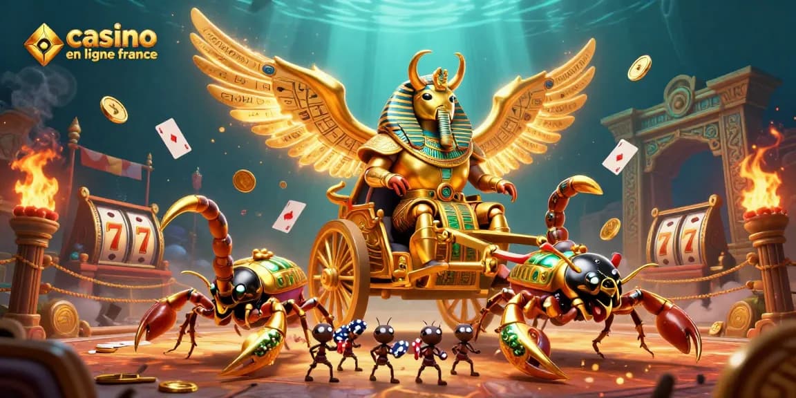 Illustration de casino en ligne France avec un scarabée doré et des éléments de jeu majestueux.