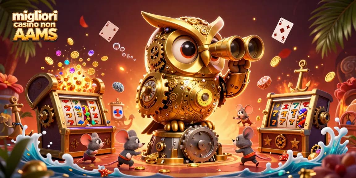 I migliori casino non AAMS offrono una scena di gioco vivace con simboli di slot e un gufo dorato meccanico.