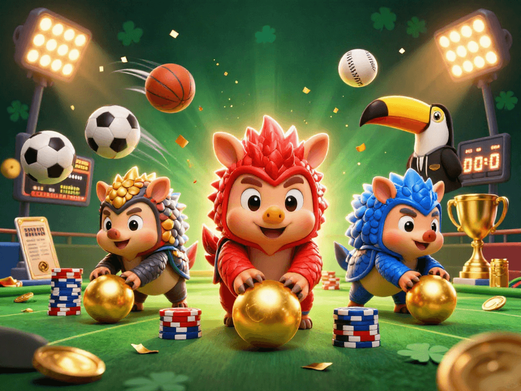 Rencontrez le meilleur casino français en ligne avec un affrontement dynamique entre pangolins rivaux au milieu des jetons et des trophées.