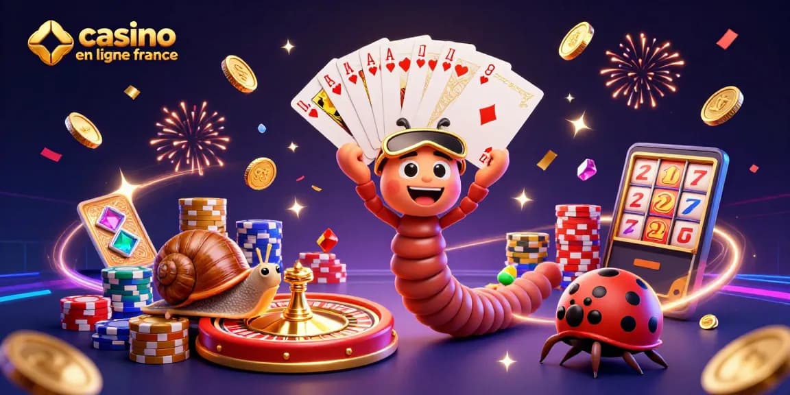 La scène de casino en ligne France avec un millipède croupier et un escargot joueur parmi les jetons colorés.
