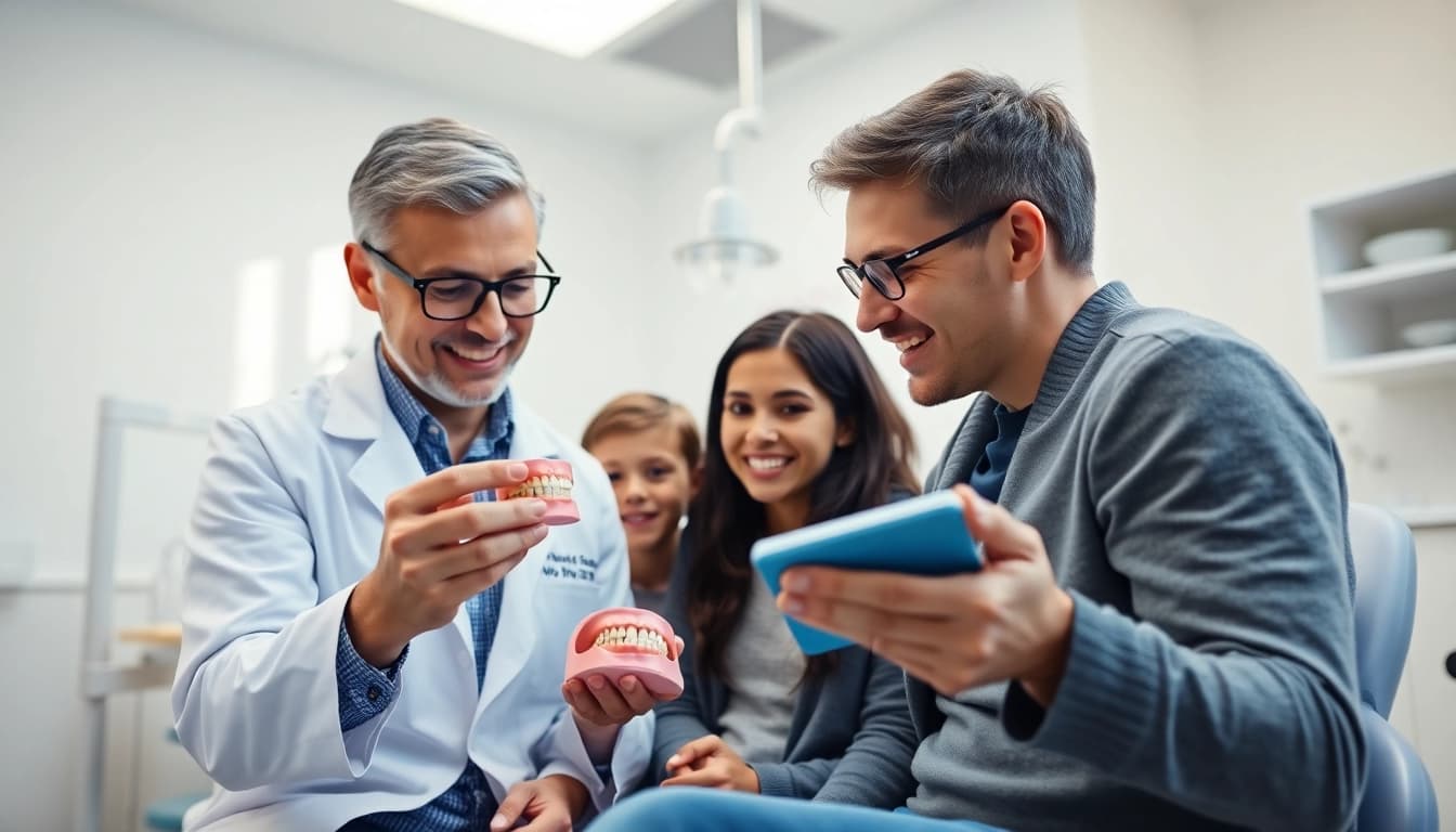 Orthodontics consultation with a professional examining models in a modern dental office.