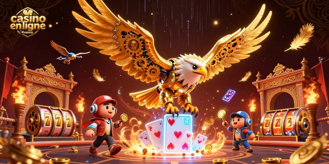 Plongez dans l'univers du casino en ligne France avec une illustration dynamique d'un aigle cybernétique au milieu de jeux de cartes holographiques.