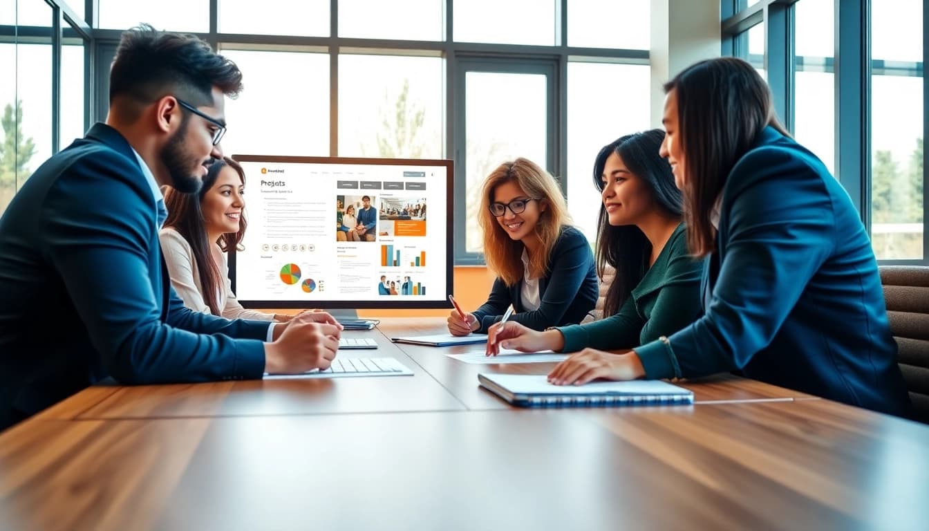 A diverse team collaborating on Proposal Writing and Management, creating a professional atmosphere.