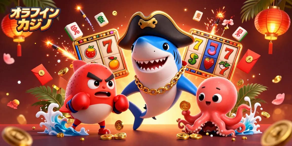 オンラインカジノでスロットを楽しむ海賊シャーク、ボクシンググローブのフグとコインを持つタコのイラスト。